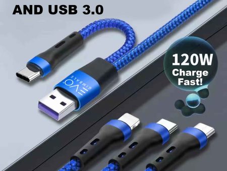 EVO Gimbals 48  Nylon Braided Multi Fast Charge Cable with USB and USB C Input and 3 in 1 Charging Options Type C Lightning Micro USB for Most Phones, Cameras, Tablets and Devices-(Blue) on Sale