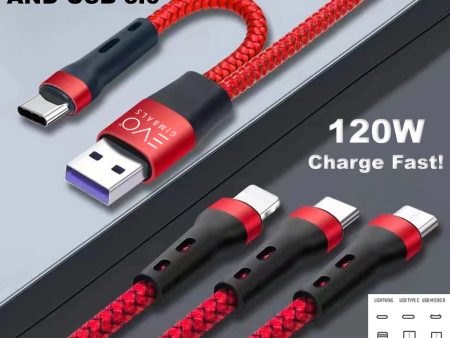 EVO Gimbals 48  Nylon Braided Multi Fast Charge Cable with USB and USB C Input and 3 in 1 Charging Options Type C Lightning Micro USB for Most Phones, Cameras, Tablets and Devices-(RED) Fashion